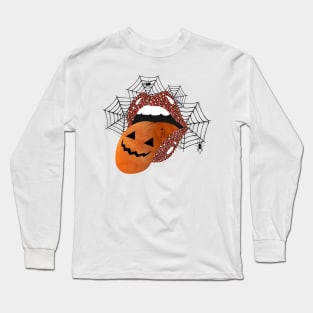 Halloween Creepy Mouth Pop Art Lips Scary Pumpkin Leopard Lipstick Long Sleeve T-Shirt